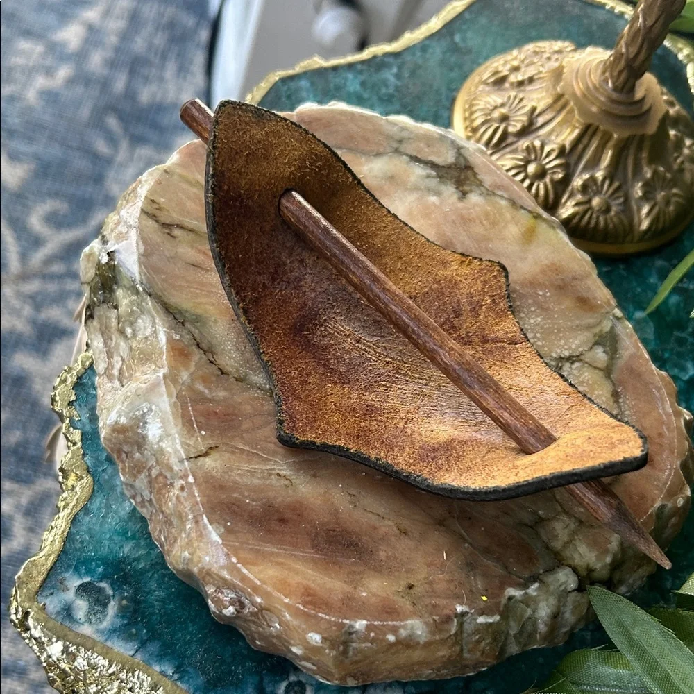 Vintage Handcrafted Leather and Wooden Hair Stick Slide Barrette