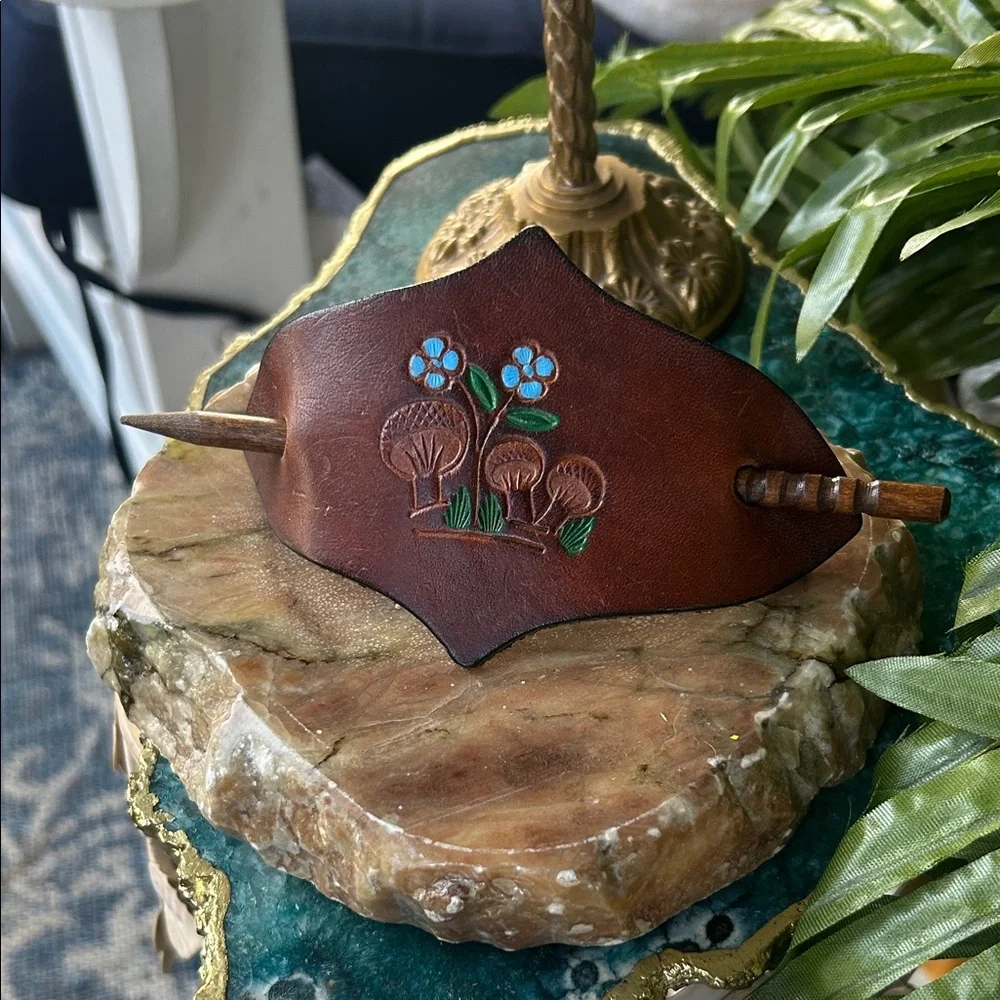 Vintage Handcrafted Leather and Wooden Hair Stick Slide Barrette