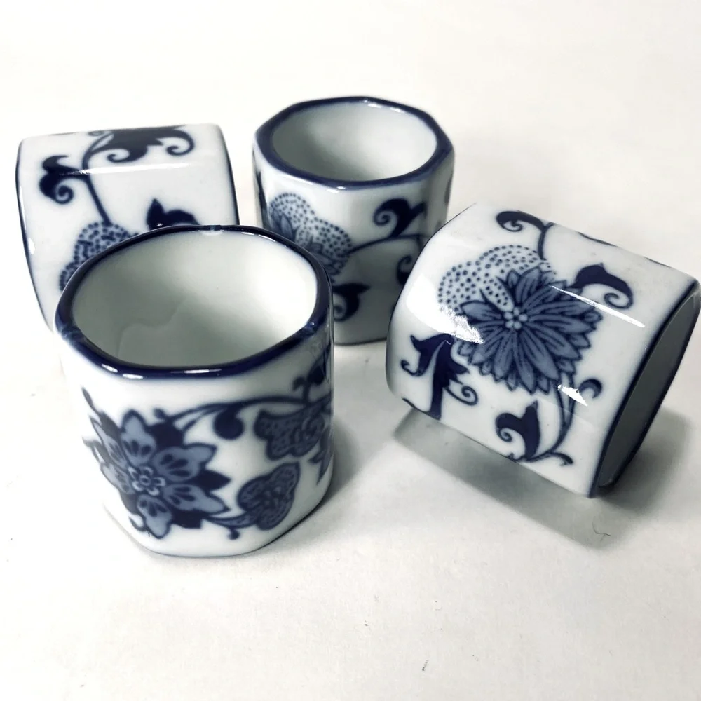 4 Pier 1 Mandarin Blue and White Porcelain Napkin Ring Holders Cottagecore