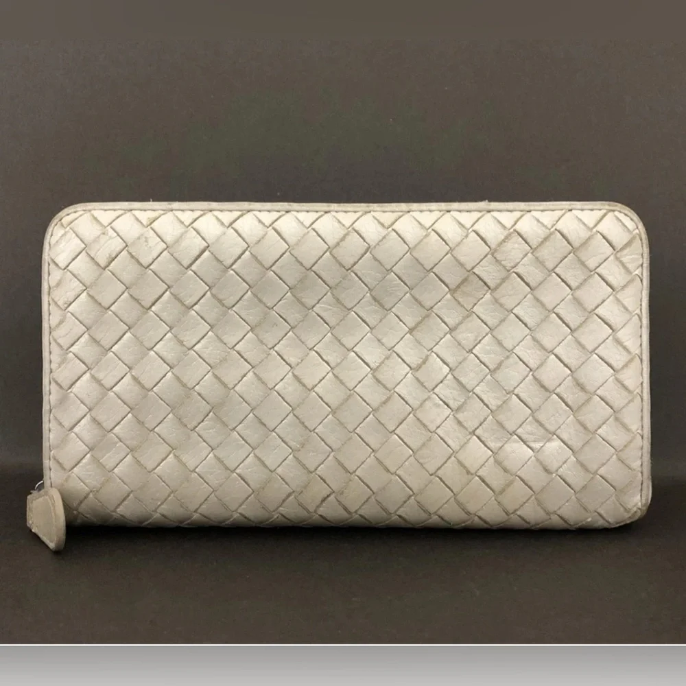 Authentic Bottega Veneta Intrecciato Lambskin Zip Around Long Wallet White