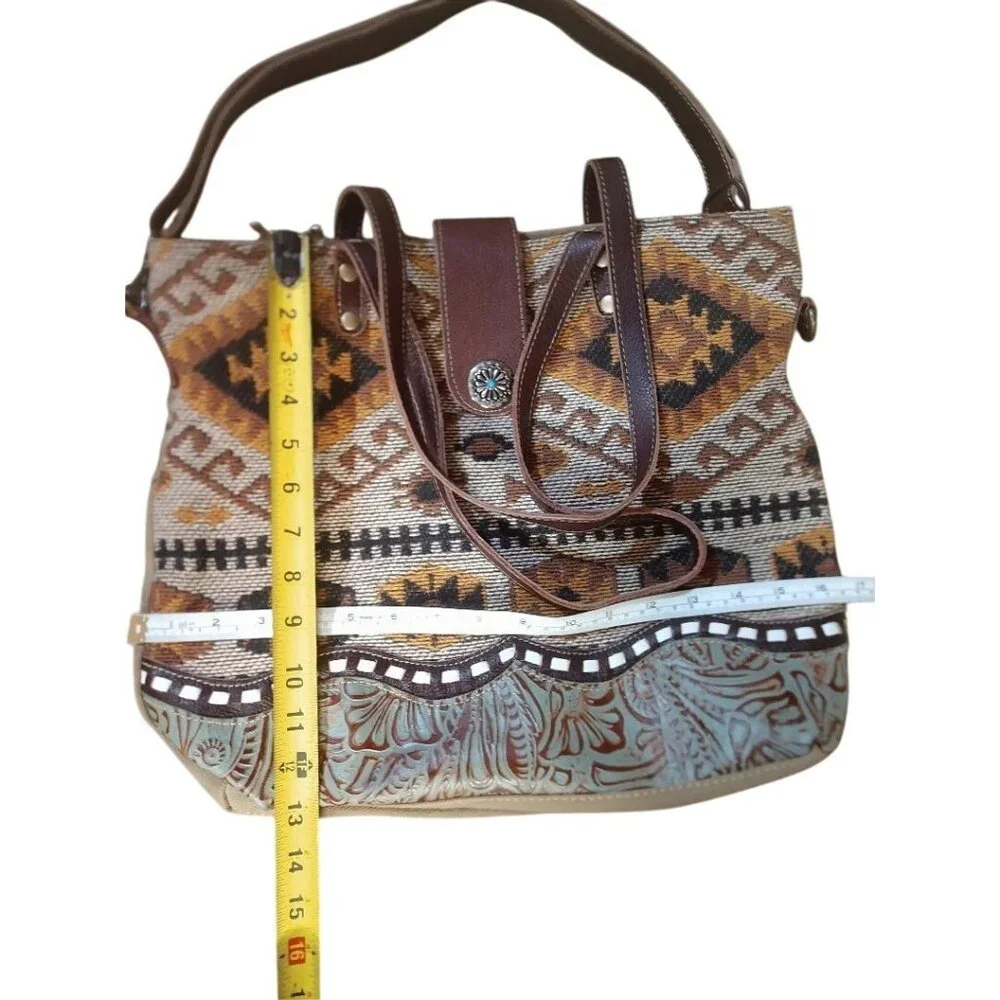 Myra Bag Boho Southwestern Canvas & Leather Tote Bag With Patterned Design