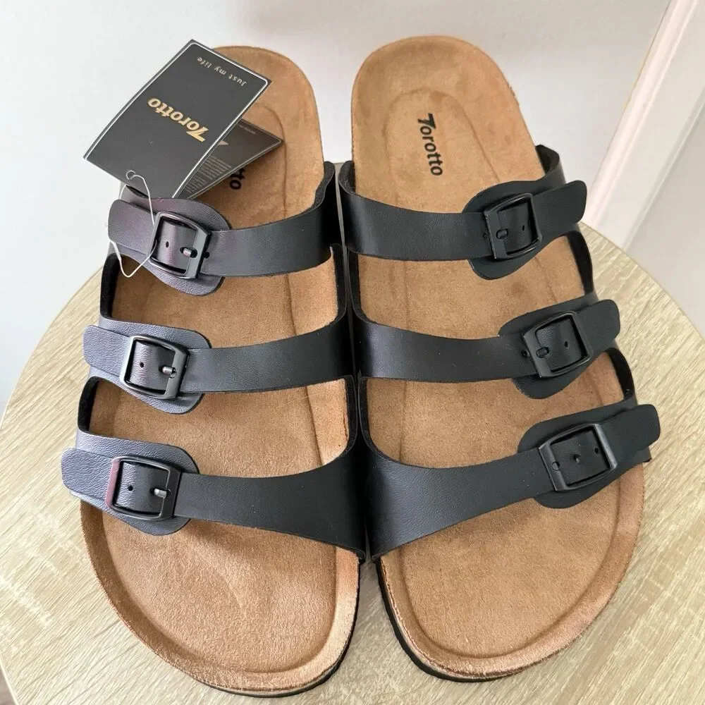 NWT Torotto Mens Slides with Cork Footbed Open Toe Flat Sandals,Black, Size 44