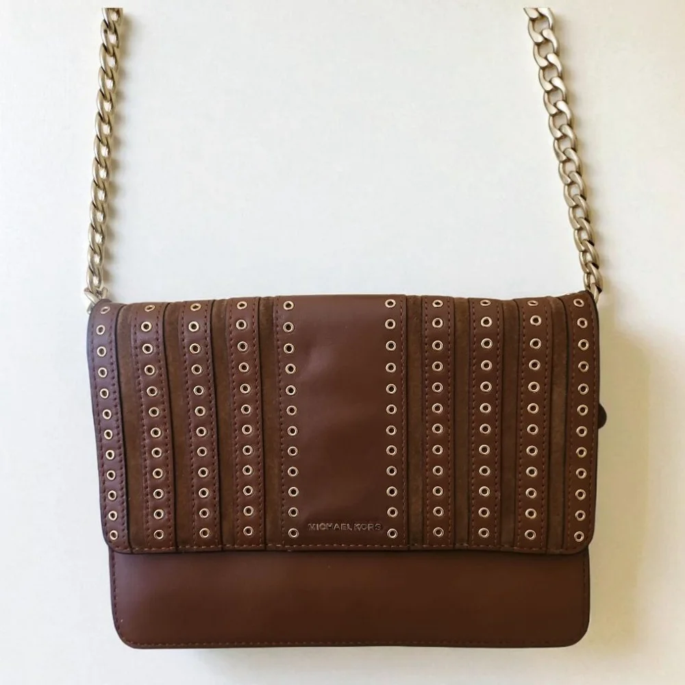 Michael Kors Brooklyn Leather Suede Brown Grommet Crossbody Bag