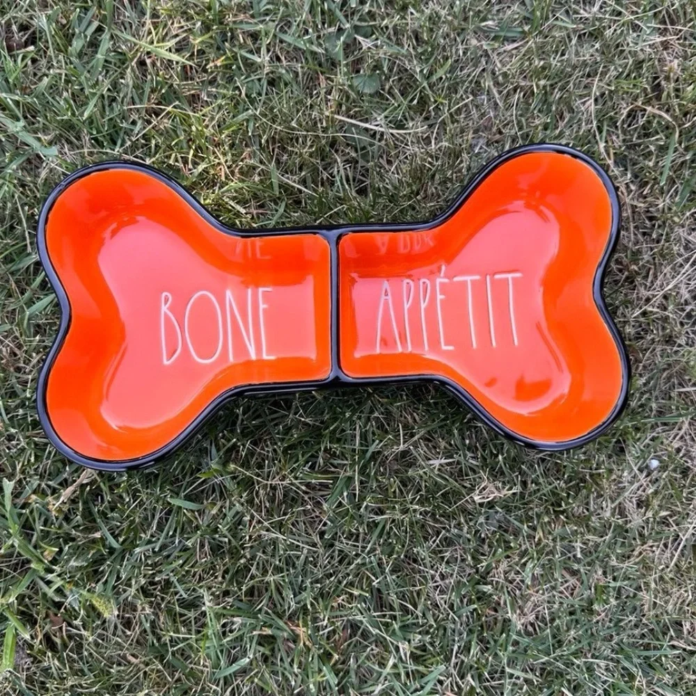 Rae Dunn BONE APPÉTIT Ceramic Orange and Black Glazed Bone-Shaped Dog Bowl