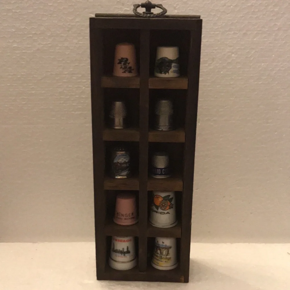 Wooden Thimble Display Case with Assorted Thimbles