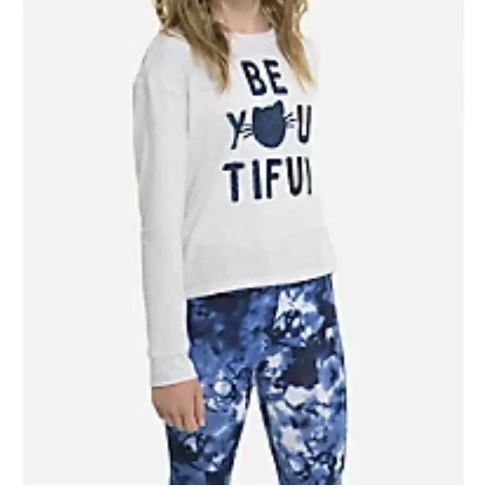 Justice Gray Blue Sparkle Be Beyoutiful Cat Girls’ Long Sleeve Tee Top Size 12