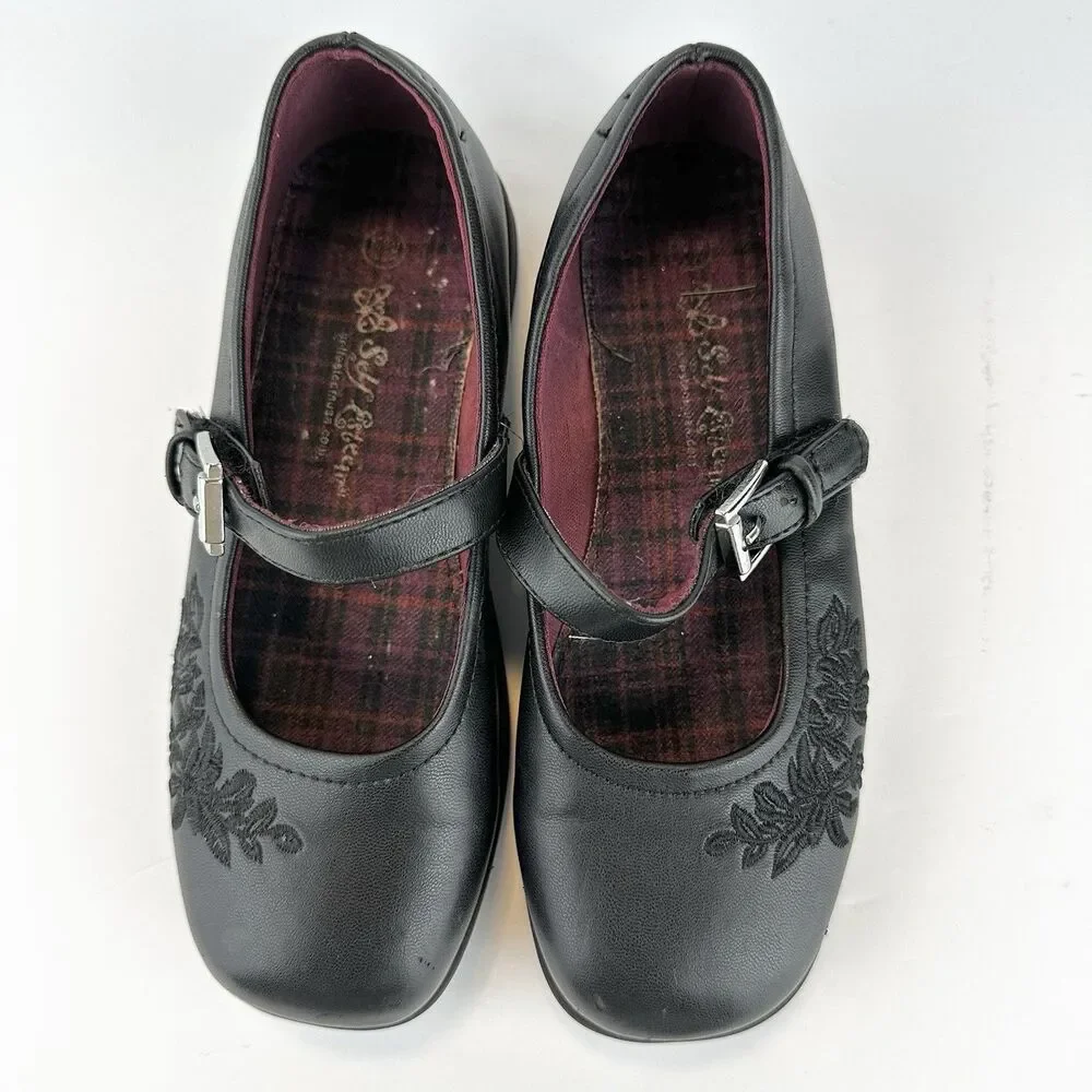 Self Esteem Black Flats Floral Design with Strap Burgundy Girls Sz 12.5M