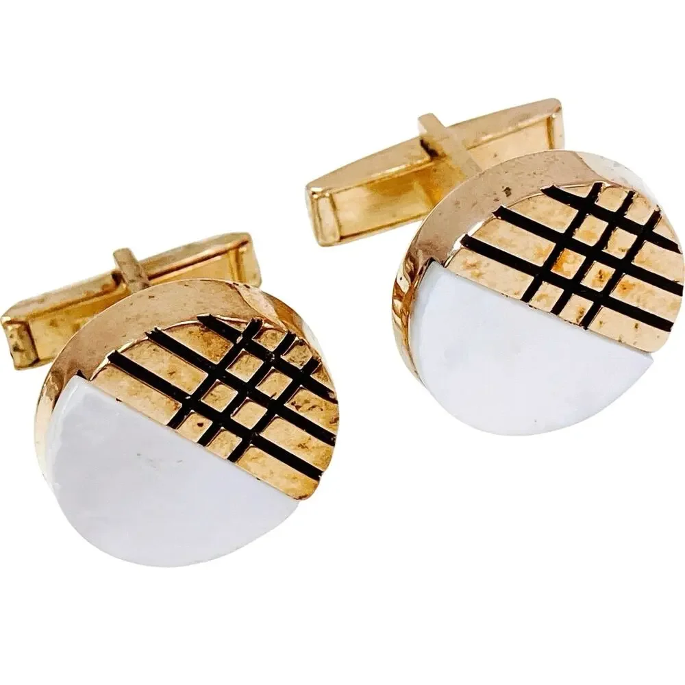 Vintage Modernist Geometric Cufflinks Mother Of Pearl Gold Tone 1960s 1970s
