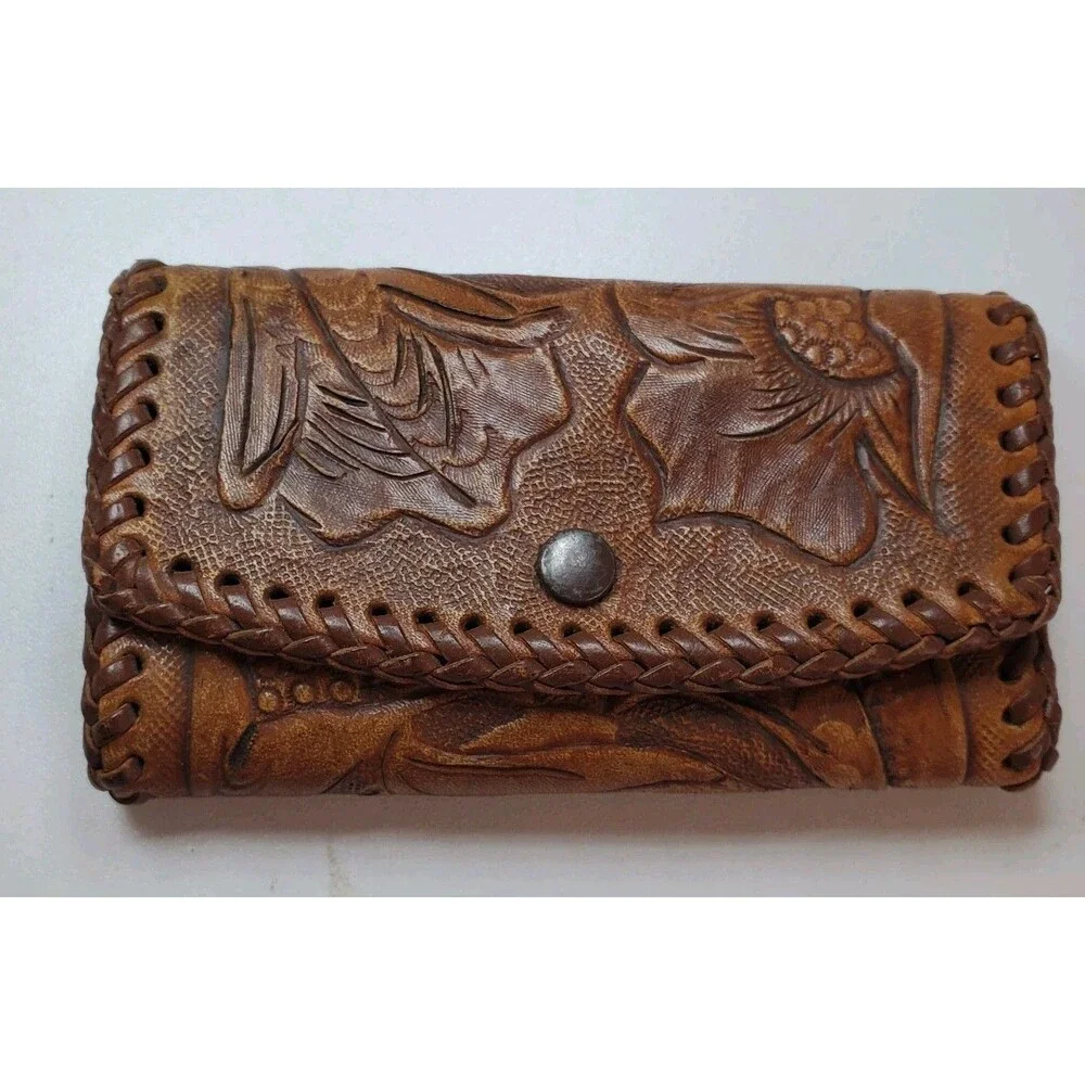 vintage tooled leather key rings case card holder stitched poppy flower detail