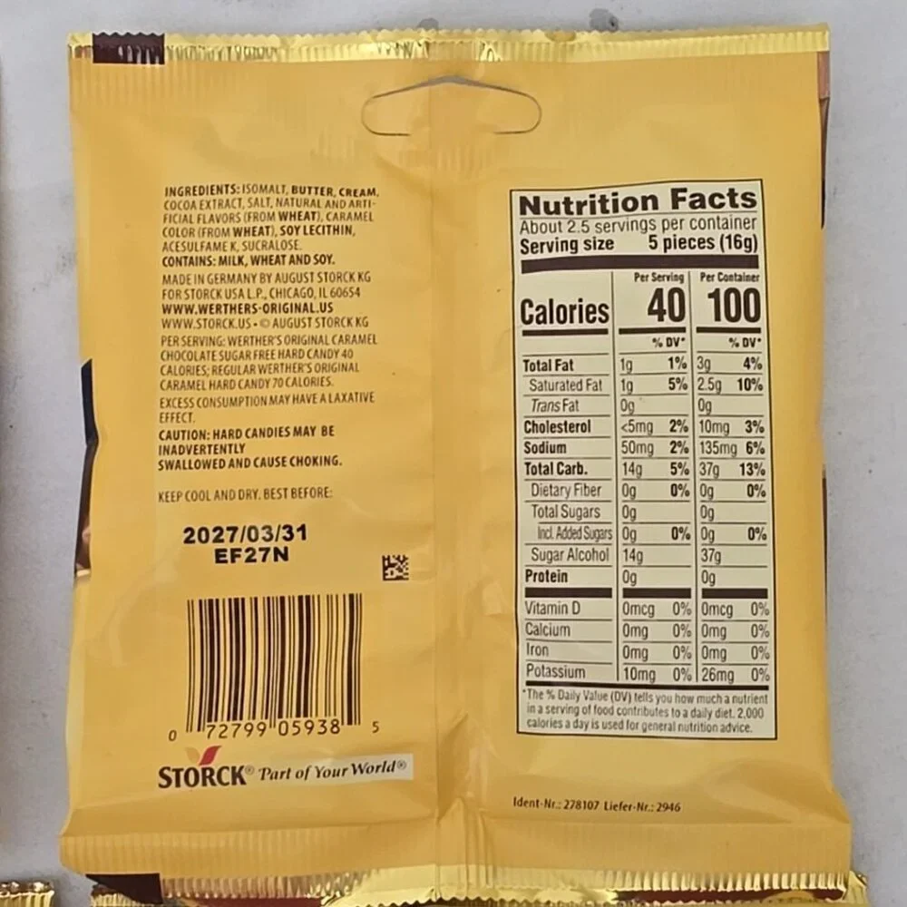 4 PACK Werther's Original SUGAR FREE CARAMEL CHOCOLATE Hard Candies 1.46oz bag/e