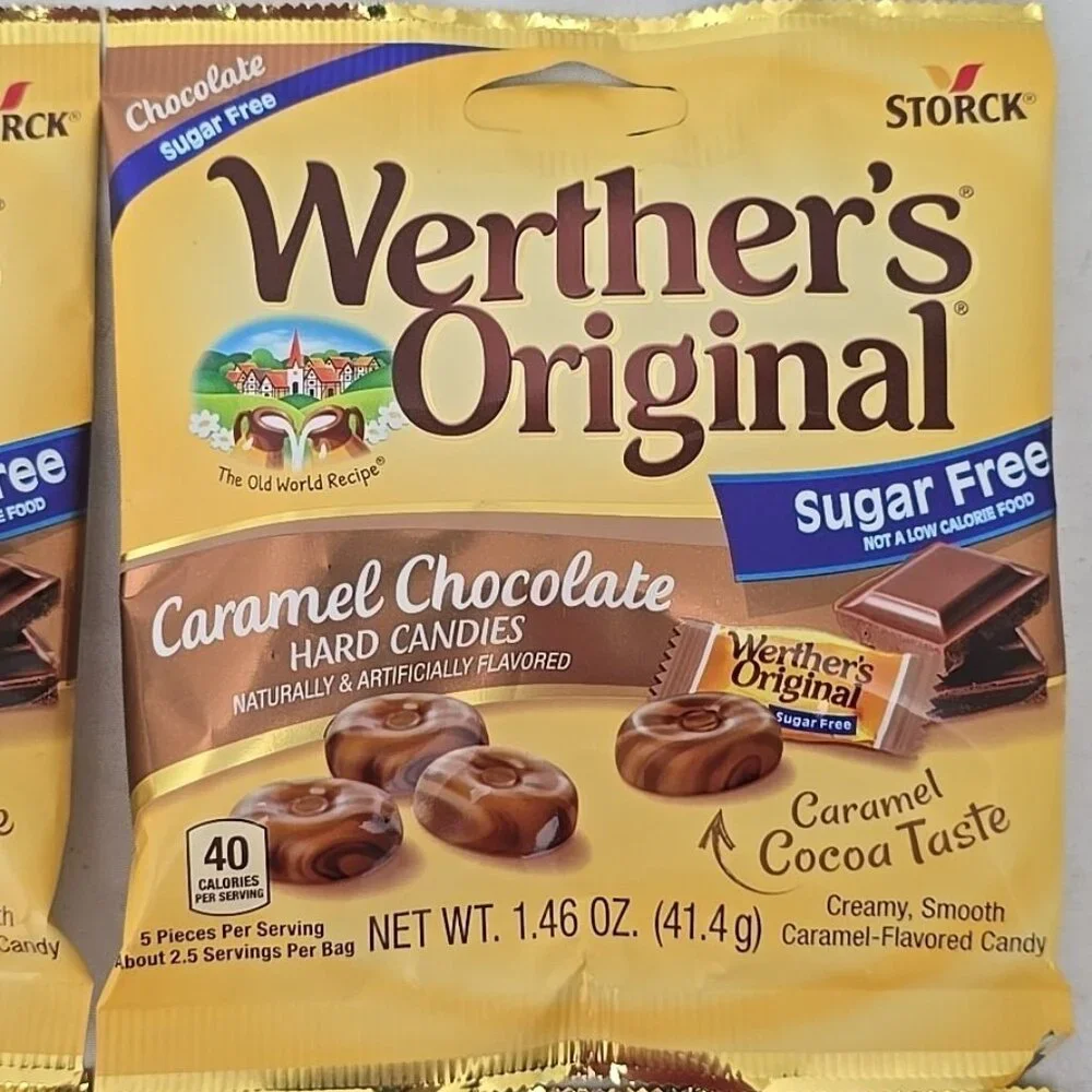 4 PACK Werther's Original SUGAR FREE CARAMEL CHOCOLATE Hard Candies 1.46oz bag/e