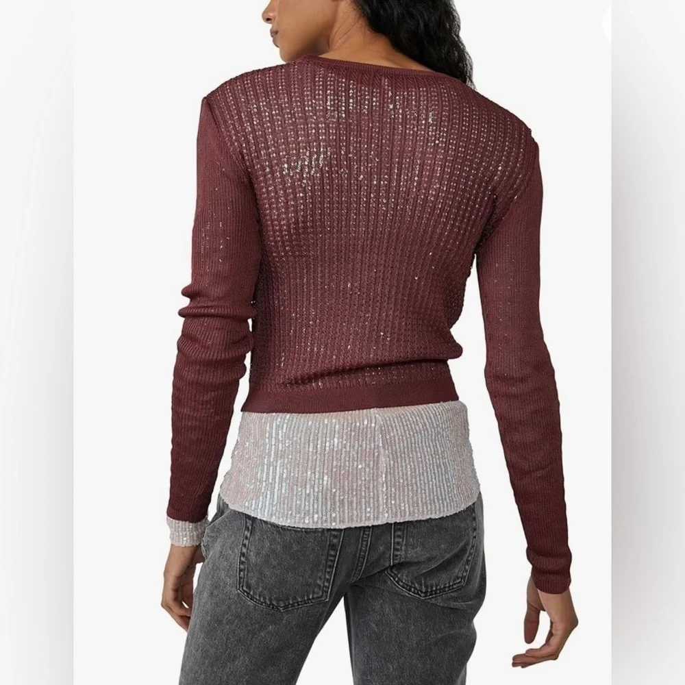 Free People H20 Crew Pullover Sweater Womens Open Knit Ribbed Mesh Sz Medium