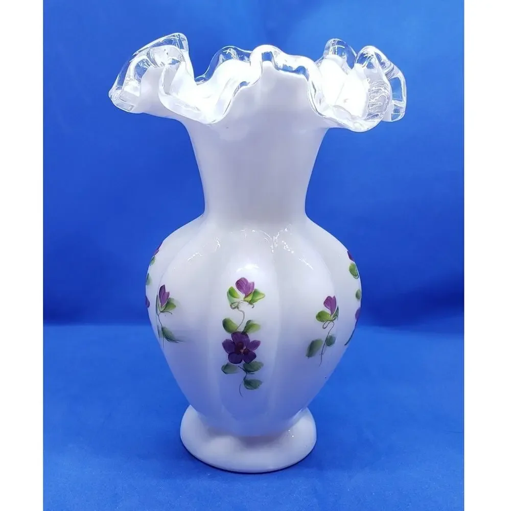 Vintage Fenton Vase Hand Painted Floral Ruffled Edge 7