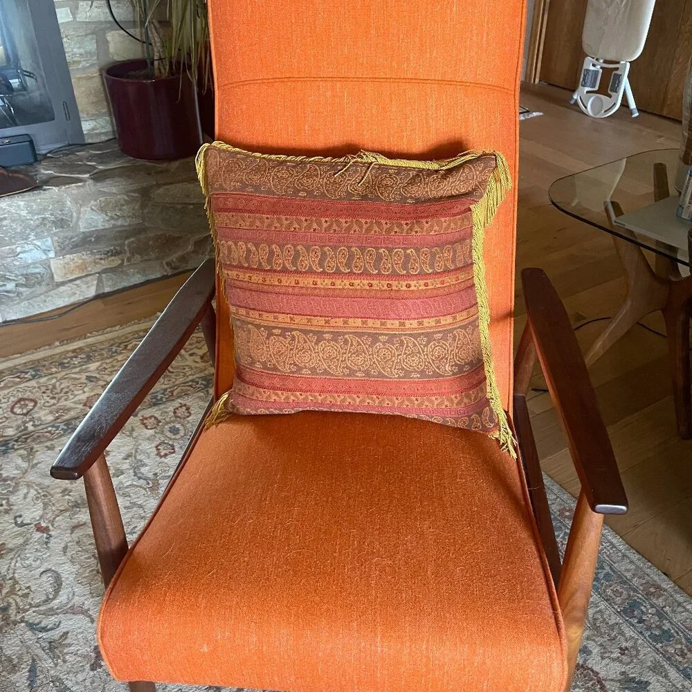 ARHAUS Cotton Orange/Red Paisley Greek Key with Gold Fringe Down Throw Pillow