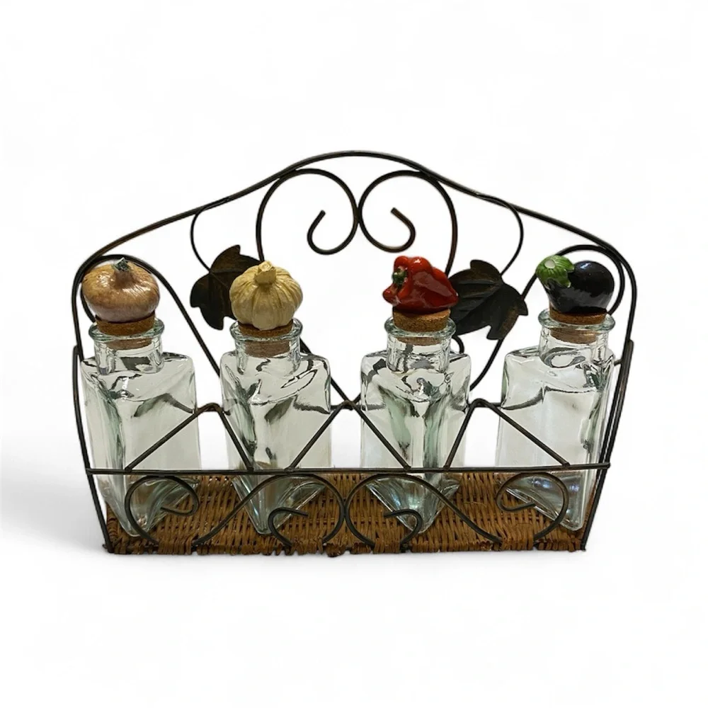 Farmhouse Cottage Country 4 Piece Spice Jar Set with Rack.
