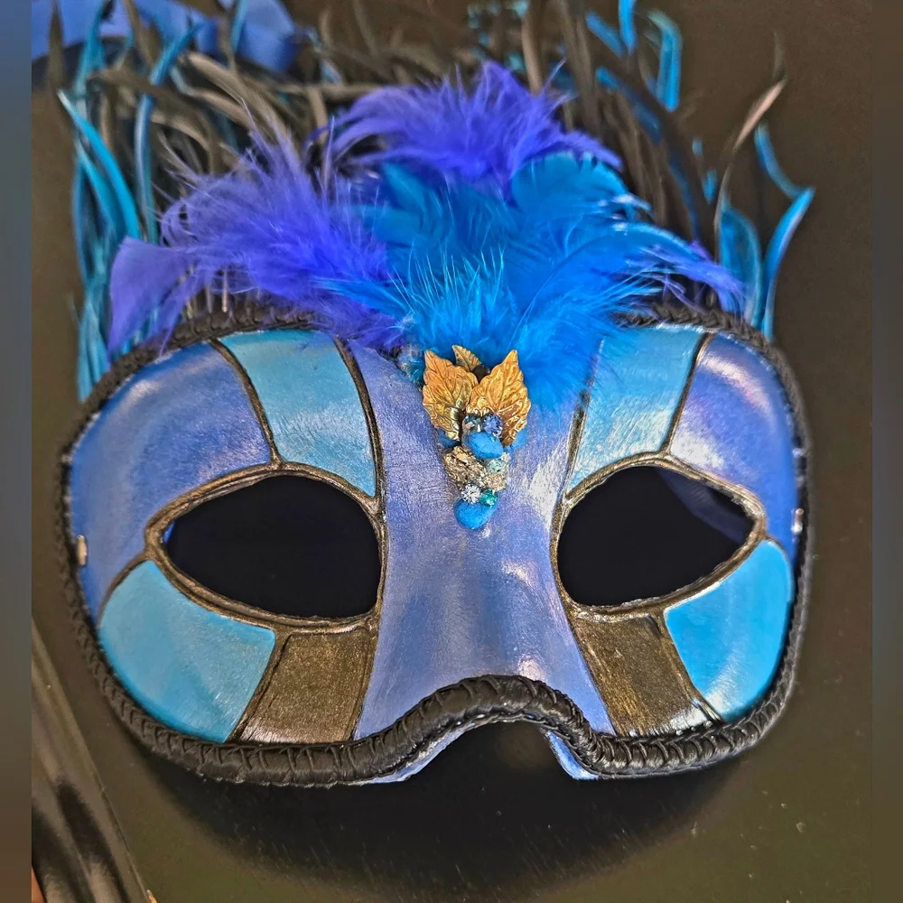 Blue and Black Feathered Masquerade Mask Cirque Du Soliel Erik Attia