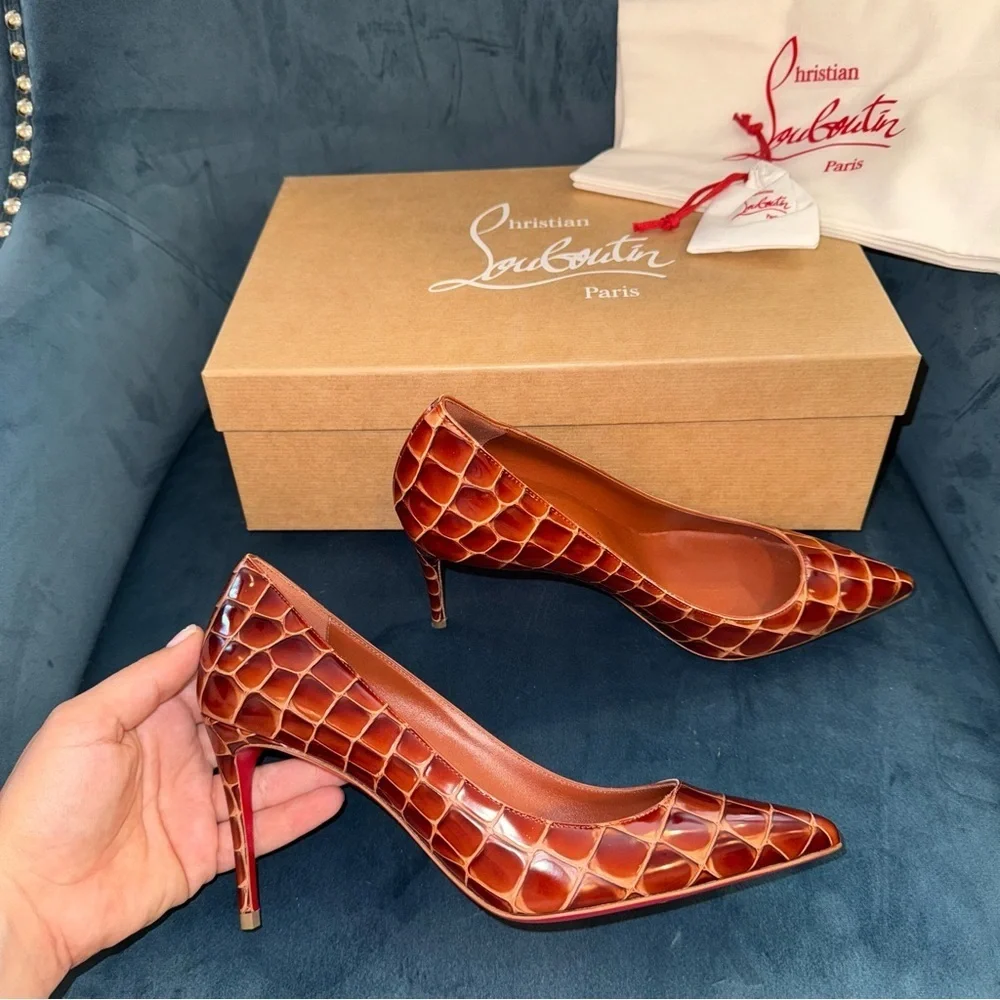 New Size 36.5 Christian Louboutin Kate 85 Brown Alligator Print Pumps