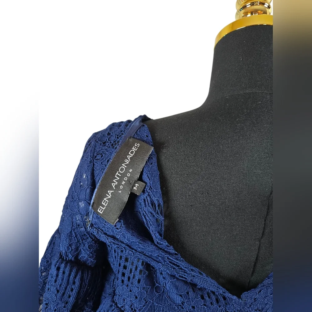 Elena Antoniades London Navy Blue Lace Tiered Blouse M | Floral Crochet Top