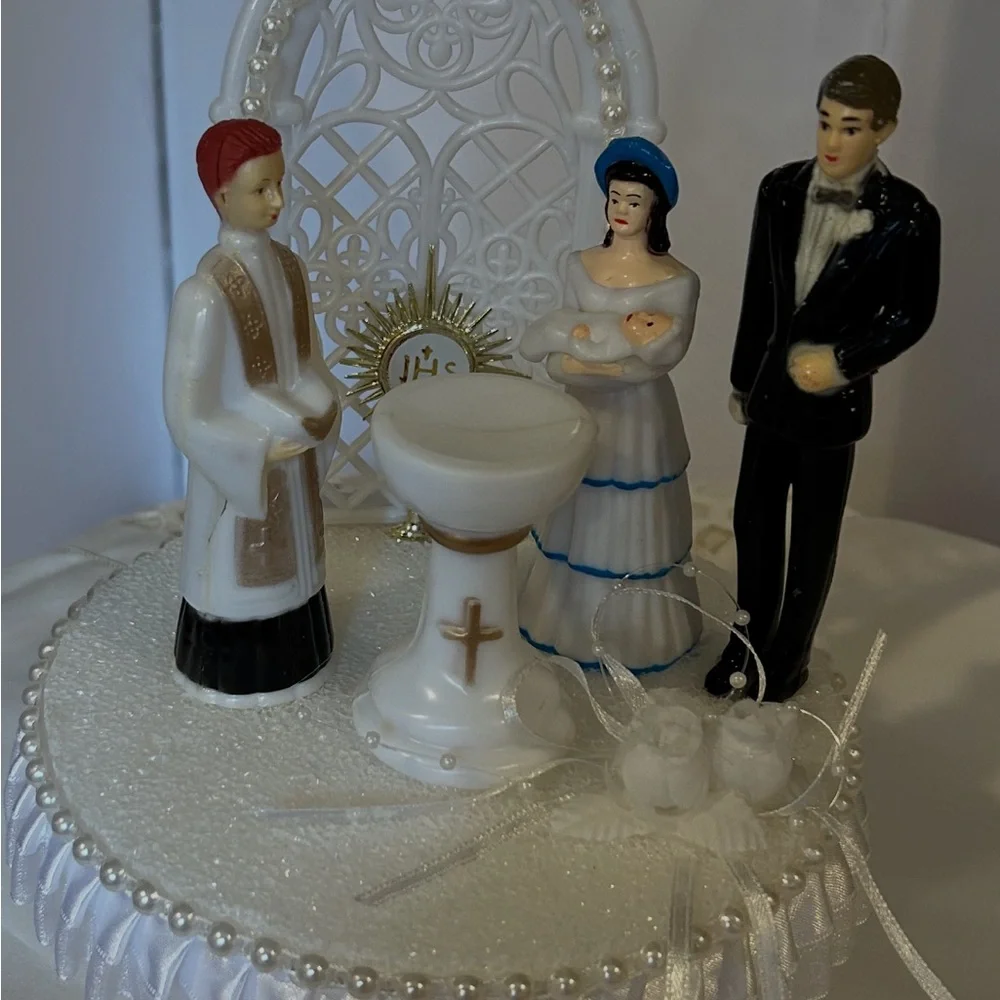 Classic baby boy baptism Topper white with god parents and Priest
