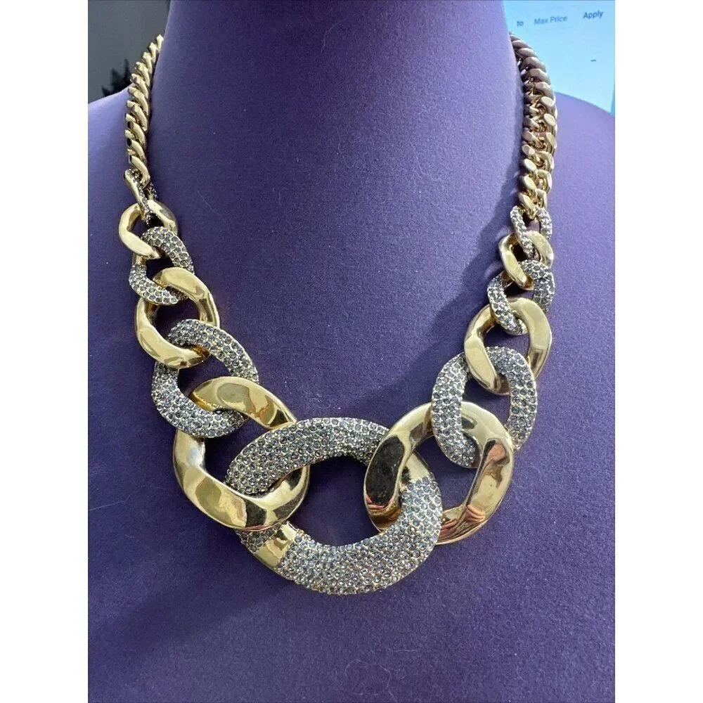 Chunky Goldtone Vintage Necklace Liz Claiborne Crystal Curb Links  CP