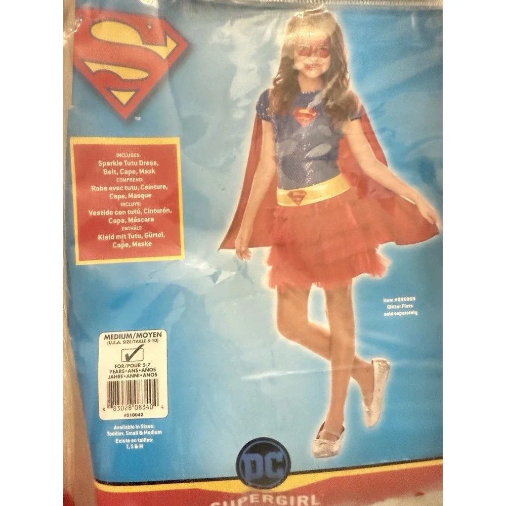 Supergirl Costume Kits Sparkle Tutu Halloween Dress Belt Mask Cape Size 8-10 M