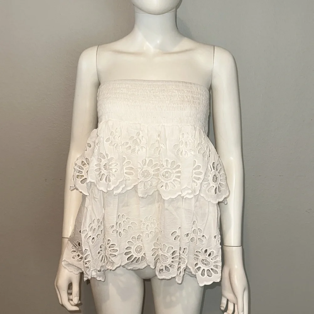 NIGHTCAP Free People white cotton lace boho hippie eyelet mini skirt top XS
