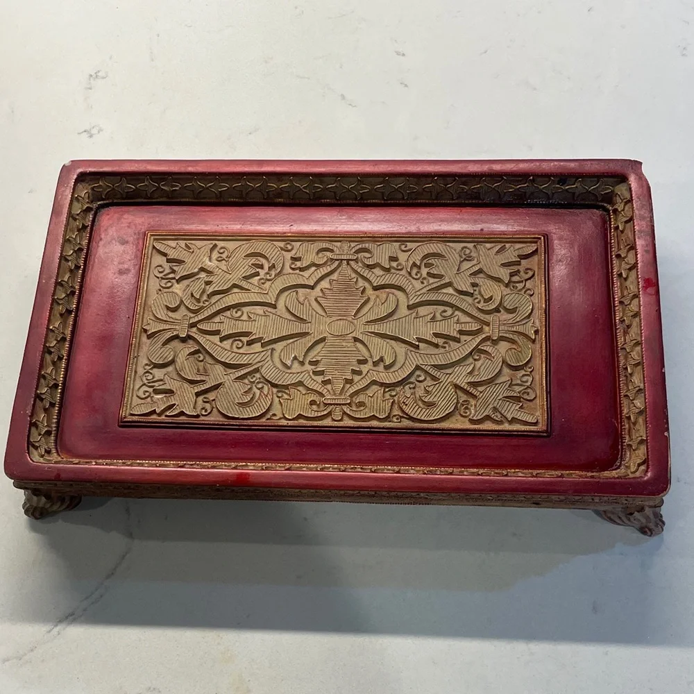 Brown, red and gold rectangular trinket dish