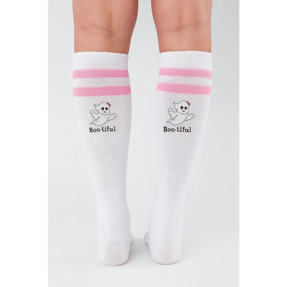 Womens Socks One Size White & Pink Knee High Boo-tiful Ghost Halloween