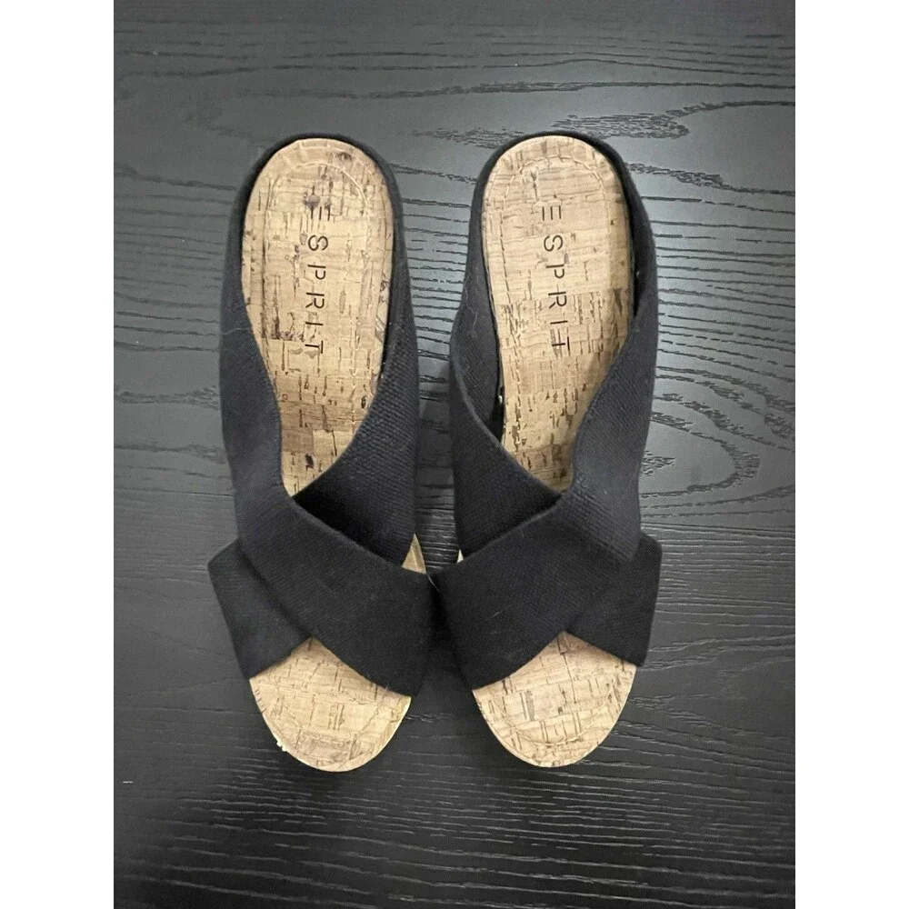 Espirit Women's Oceane Black Cork Wedge Heels‎ Open Toe Slip On Size 7.5