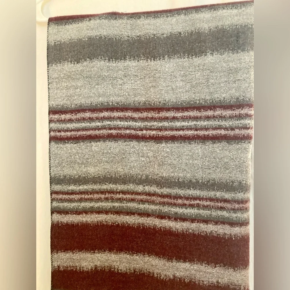 Striped Soft Lightweight Wool Scarf - Gray/Burgundy/Tan 74” x 26”