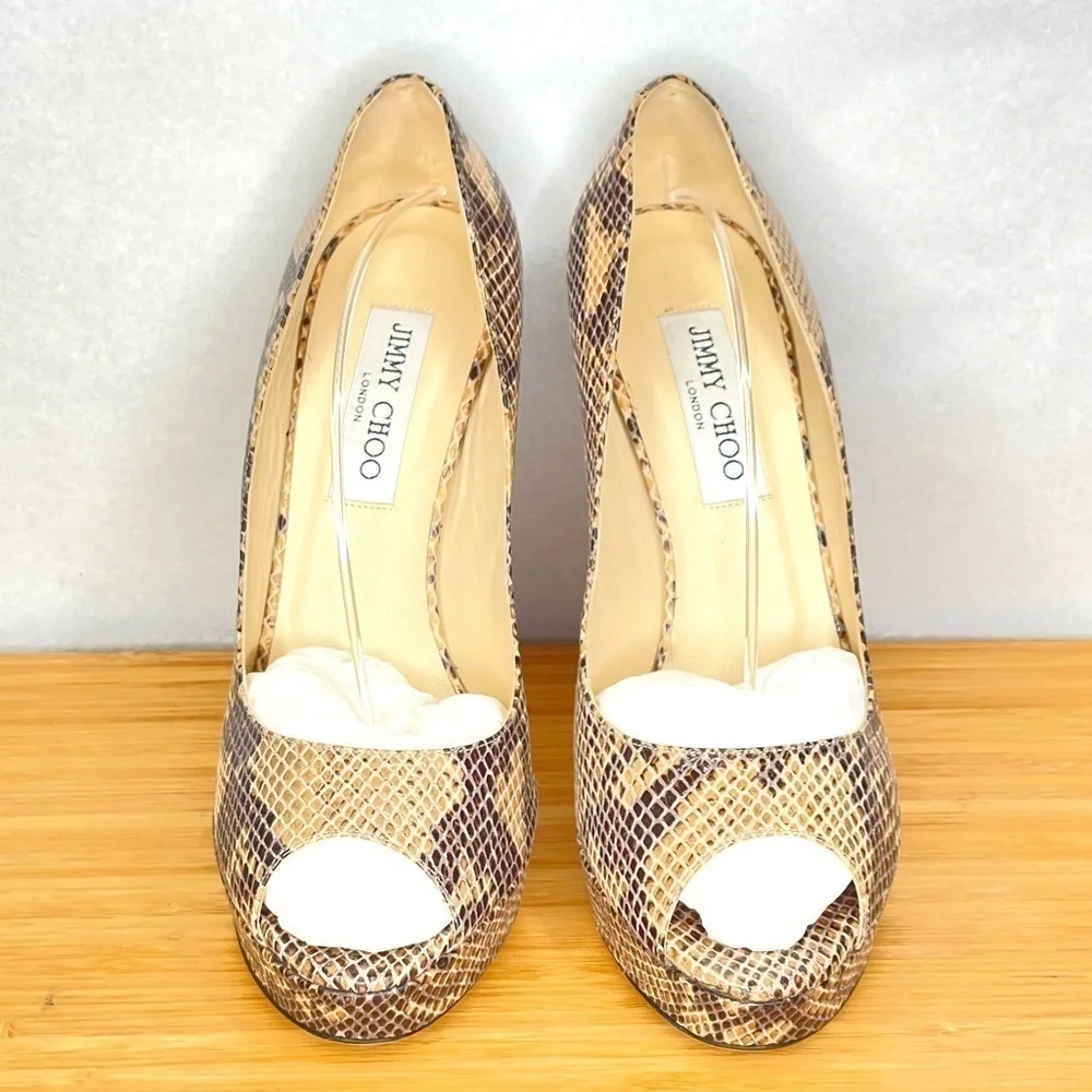 Jimmy Choo Dhalia stilletos 120mm black beige Python skin platform pumps EU38.5