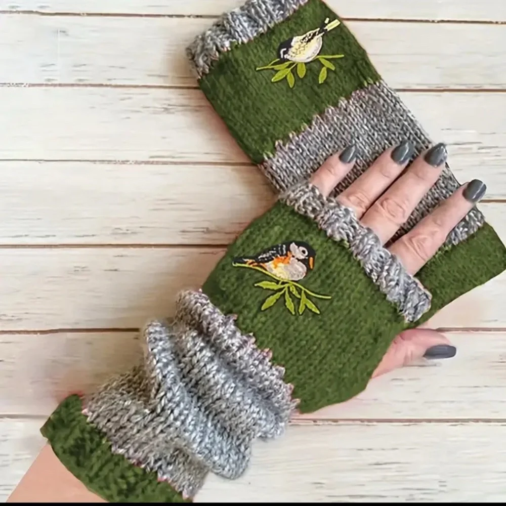 Green and Gray Fingerless Gloves with Bird Embroidery
