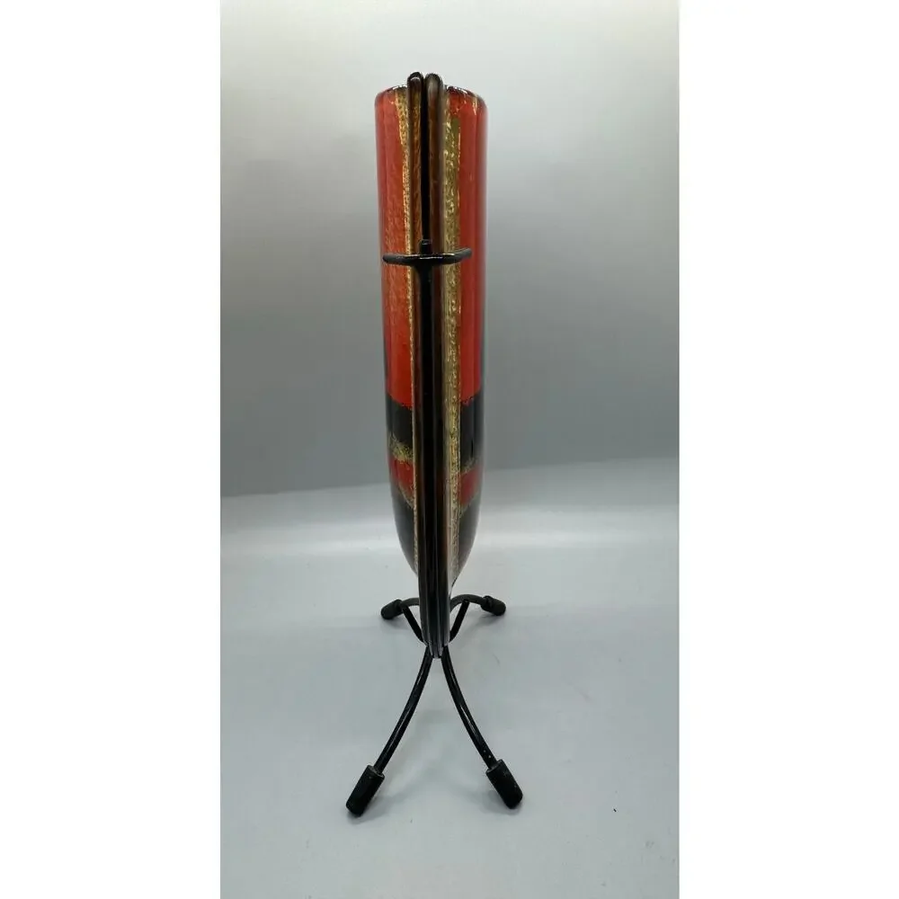 Vintage Jasmine Art Glass Vase in Metal Stand Black Gold Red Green Trees Vibrant