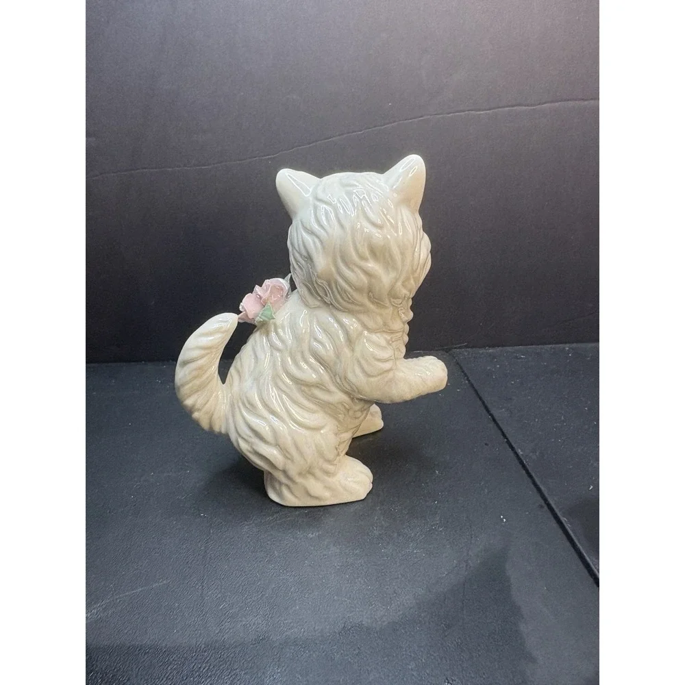 Vintage Cat Figurine With Flowers White Long Hair Ceramic Feline Paw Raised