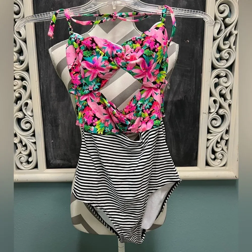 OP Pink Floral and Black Striped One Piece Swimsuit