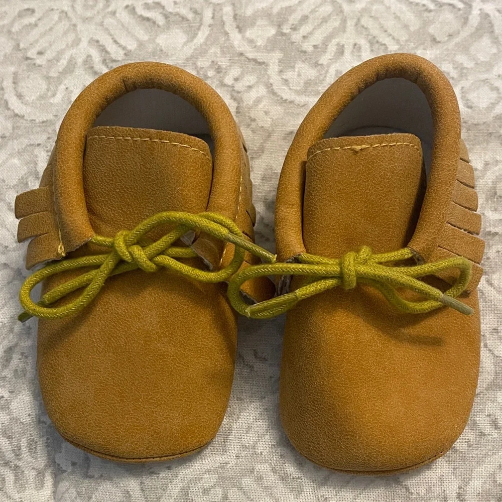 Tan Moccasin Baby Shoes with Green Laces