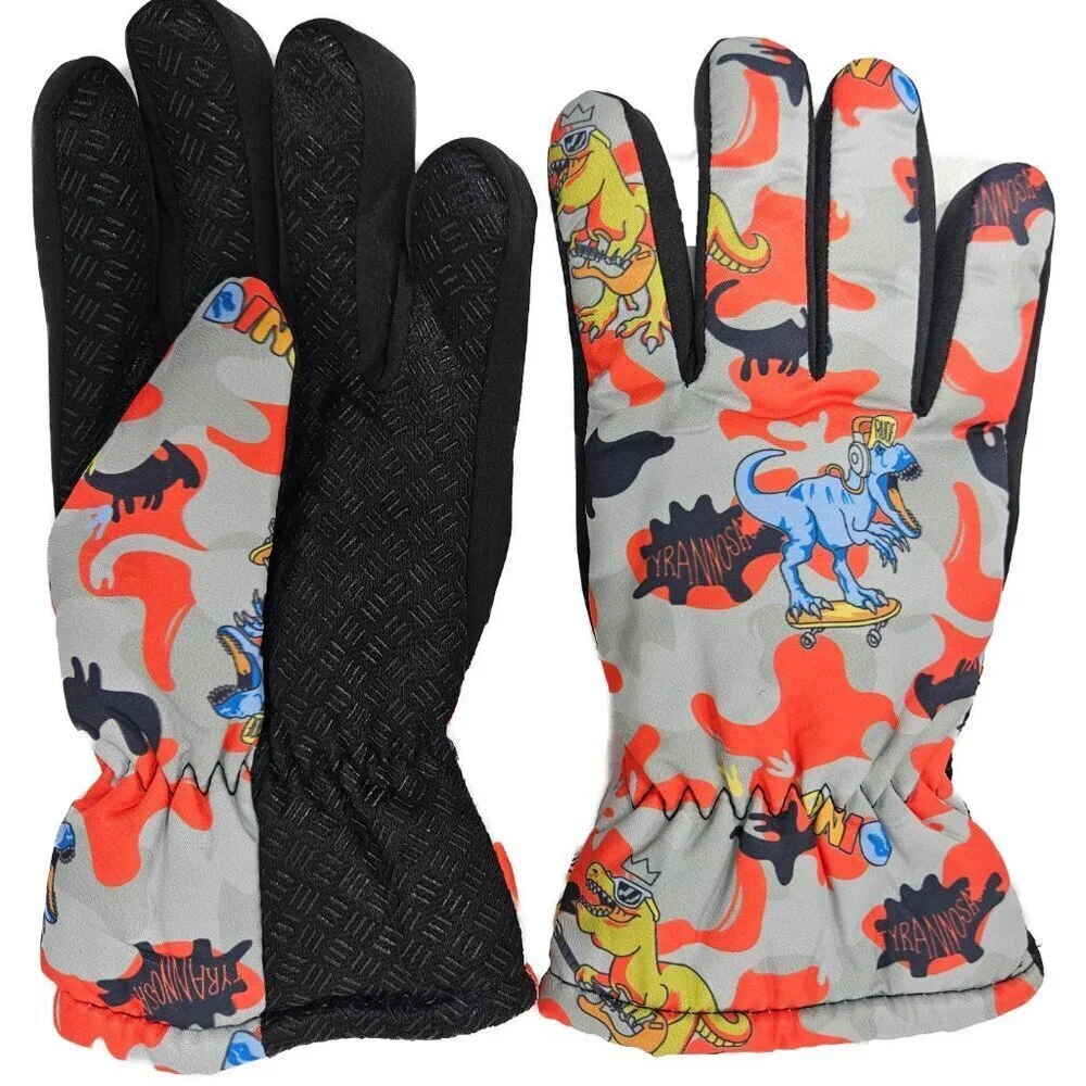 Kids Winter Gloves, Boys Girls Ski Glove, Faux Fur Lined Dinosaur Designs, Red