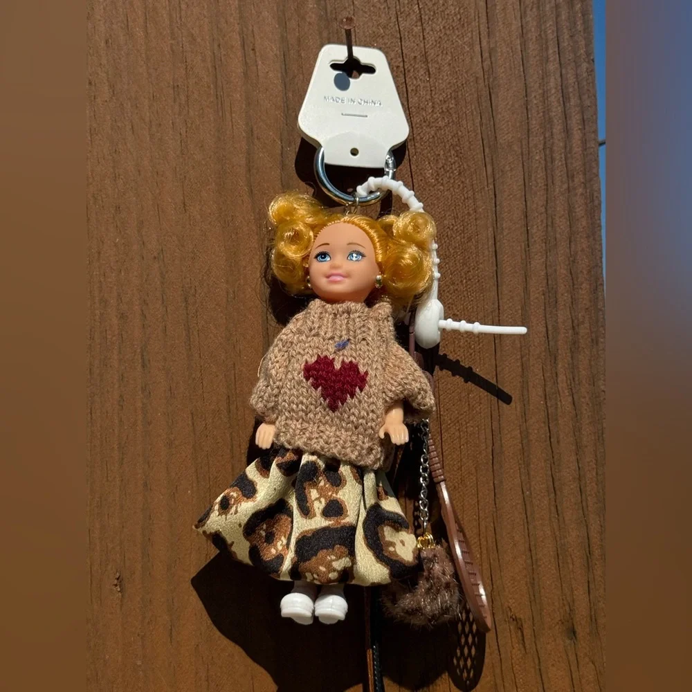 NWT! Doll Keychain with Heart Sweater and Patterned Skirt Tennis keychain