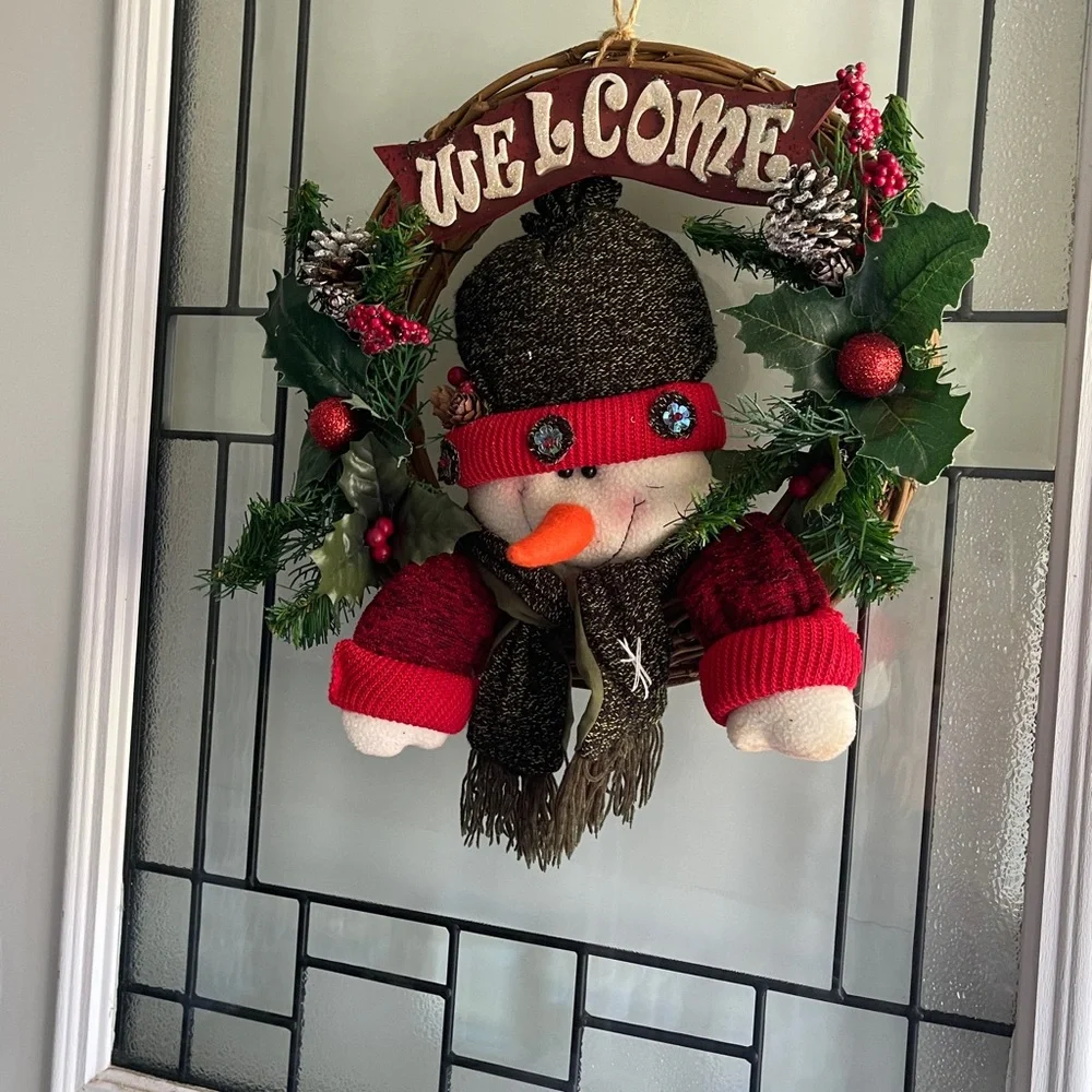 **Holiday Snowman Wreath Welcome Sign For Front Door
