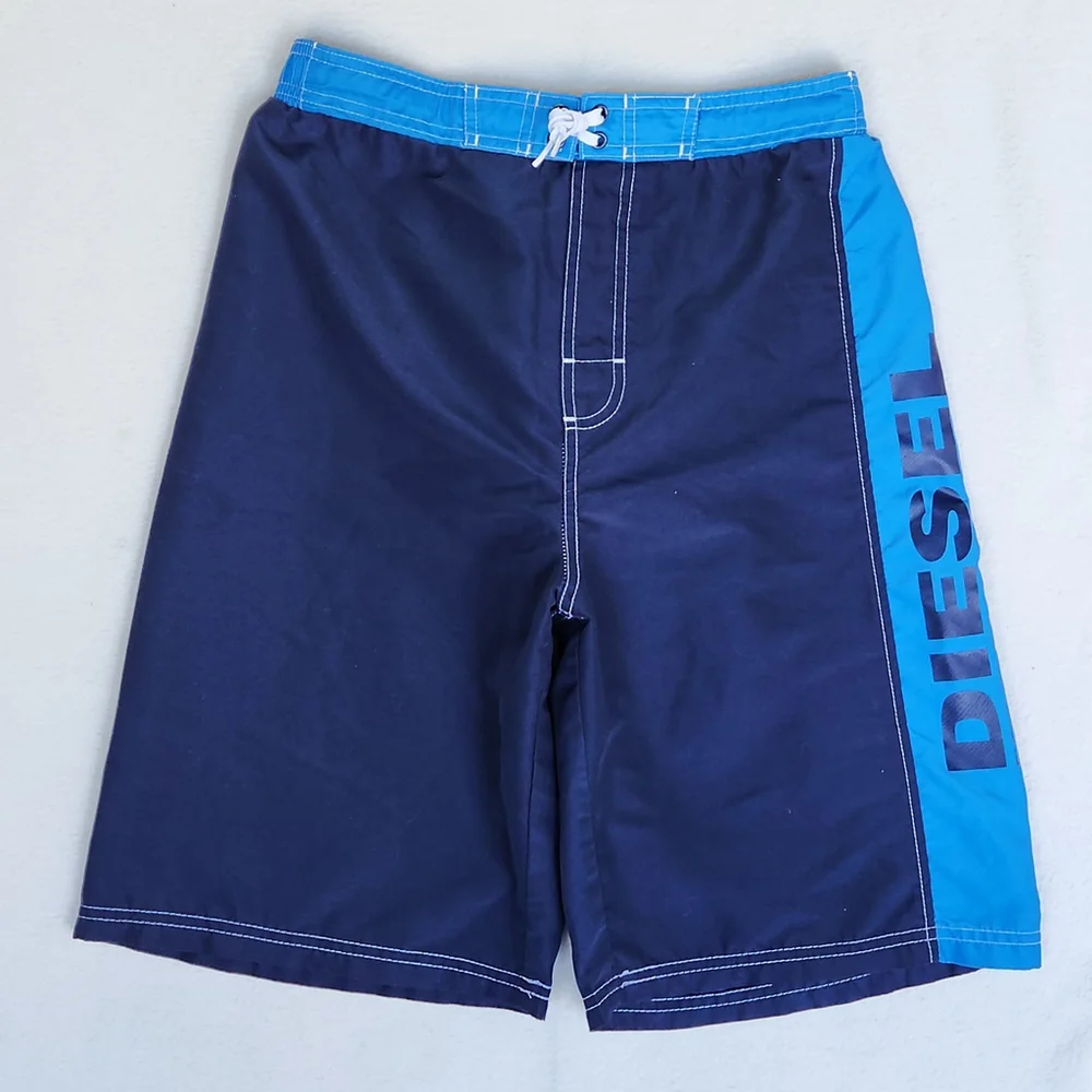 Diesel Boys Swim Trunks XL 18/20 Navy Blue Logo Shorts Missing Liner Boardshorts