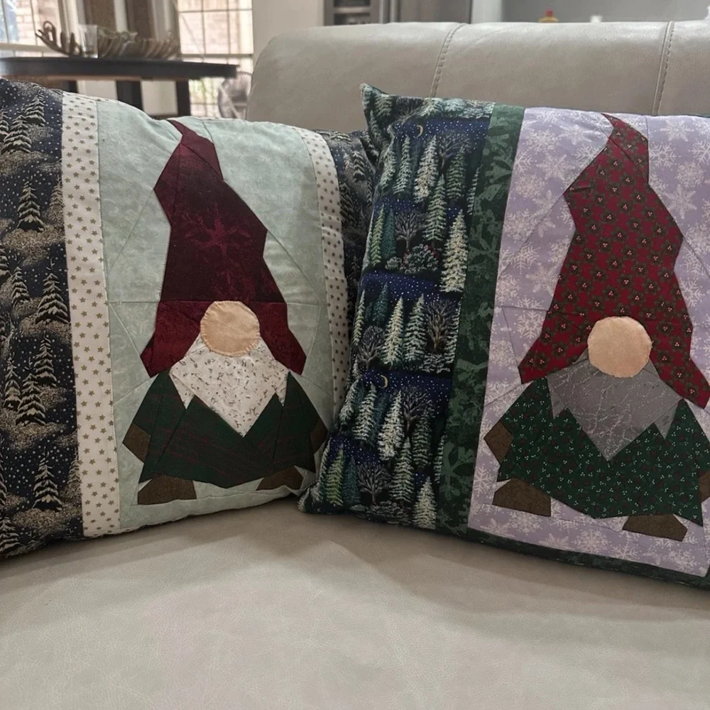 Festive Gnome Throw Pillow Set - Red and Green Handmade 15” x 15”