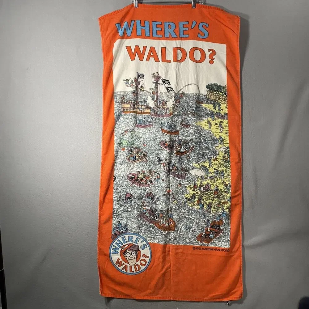 Vintage Where’s Waldo Pirate Ship Beach Towel 27” X 57” 1991 R A. Briggs