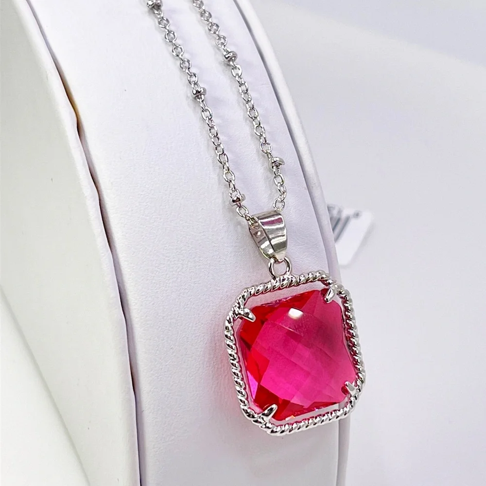 Faceted Pink Simulated Gemstone Necklace - Rhodium Plated Jeweled Pendant - NEW