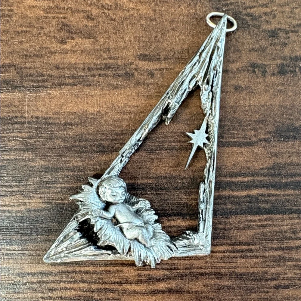 Vintage Pewter Manger Christmas Ornament, OS