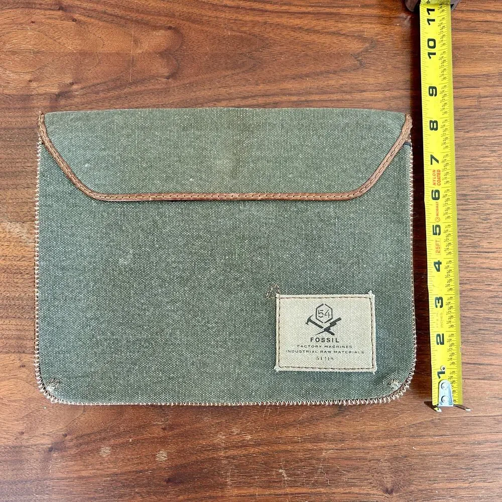Vintage Fossil Canvas Green Leather Trim Pouch Sleeve Case 10” x 9” Zip Pocket