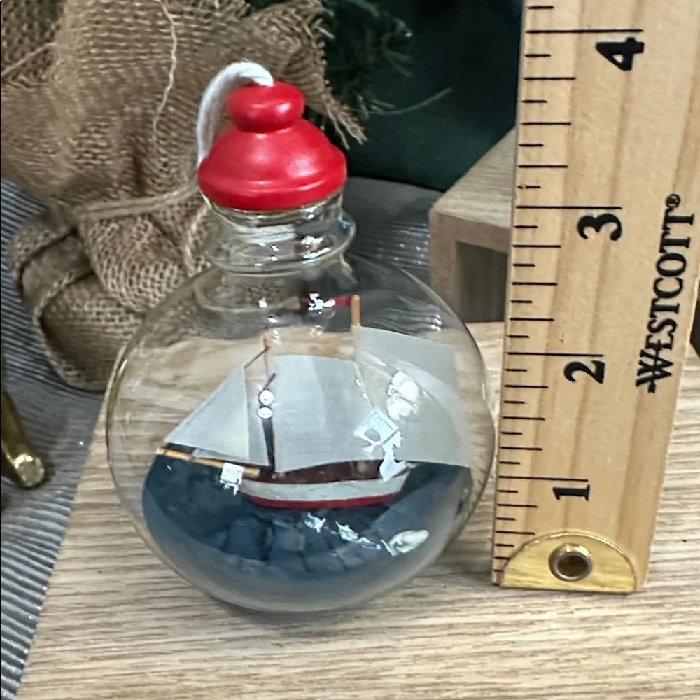 Crate & Barrel Ship-In-A-Bottle Glass Christmas Ornament Nautical