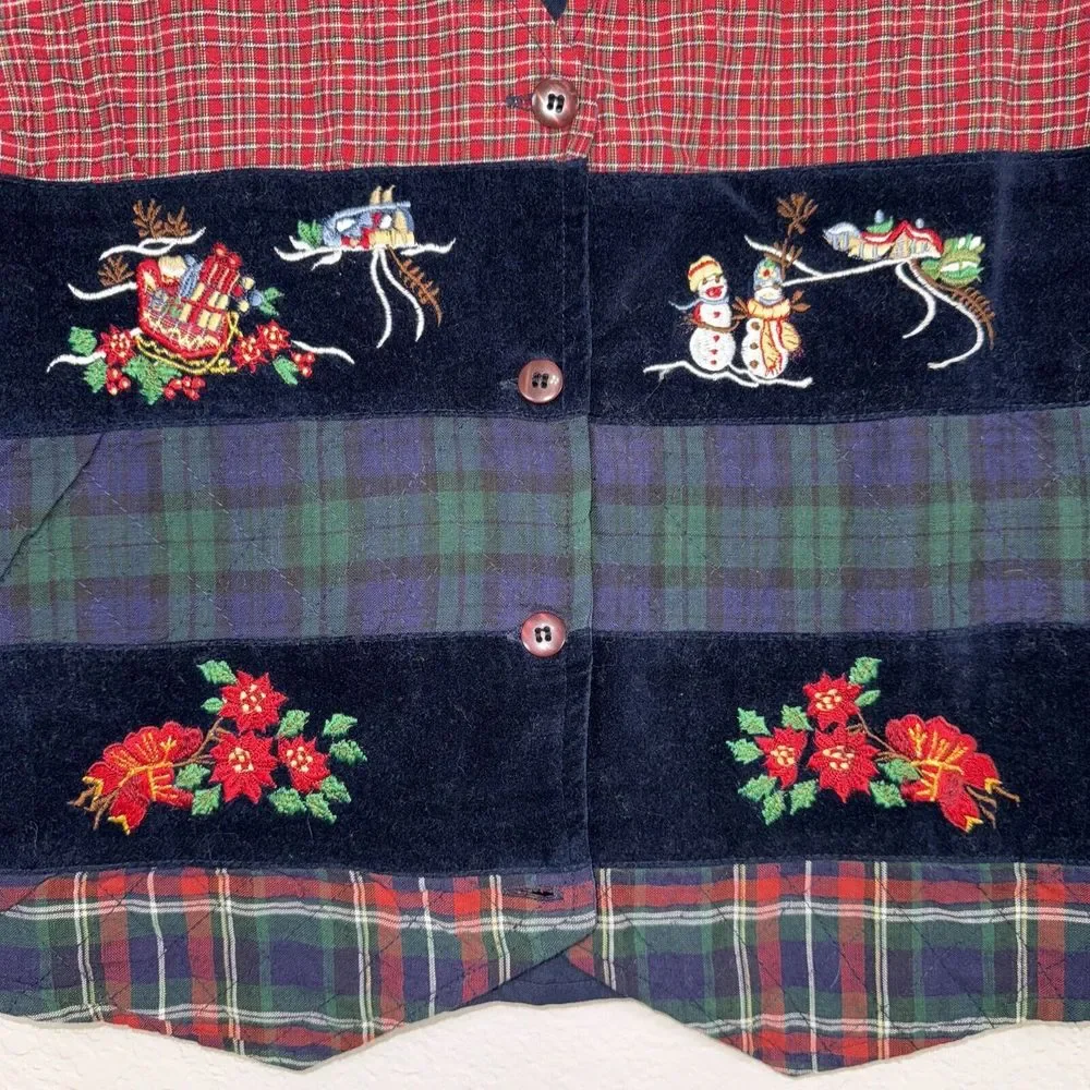 Vintage Casey & Max Christmas Vest Medium Snowman Plaid Blue velvet‎ Embroidered
