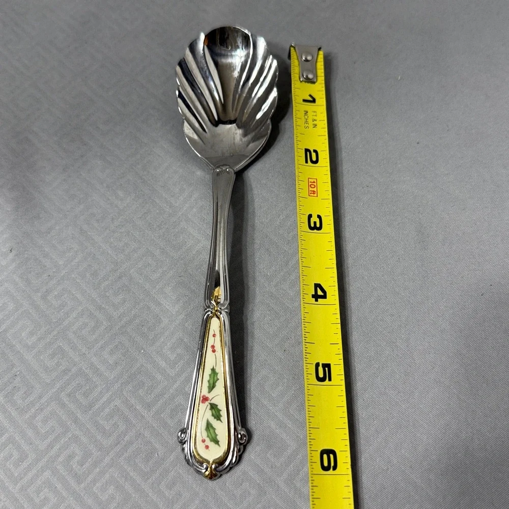 Lenox Holiday Holly Berry Stainless Steel Scalloped Shell Sugar Spoon Vtg Japan