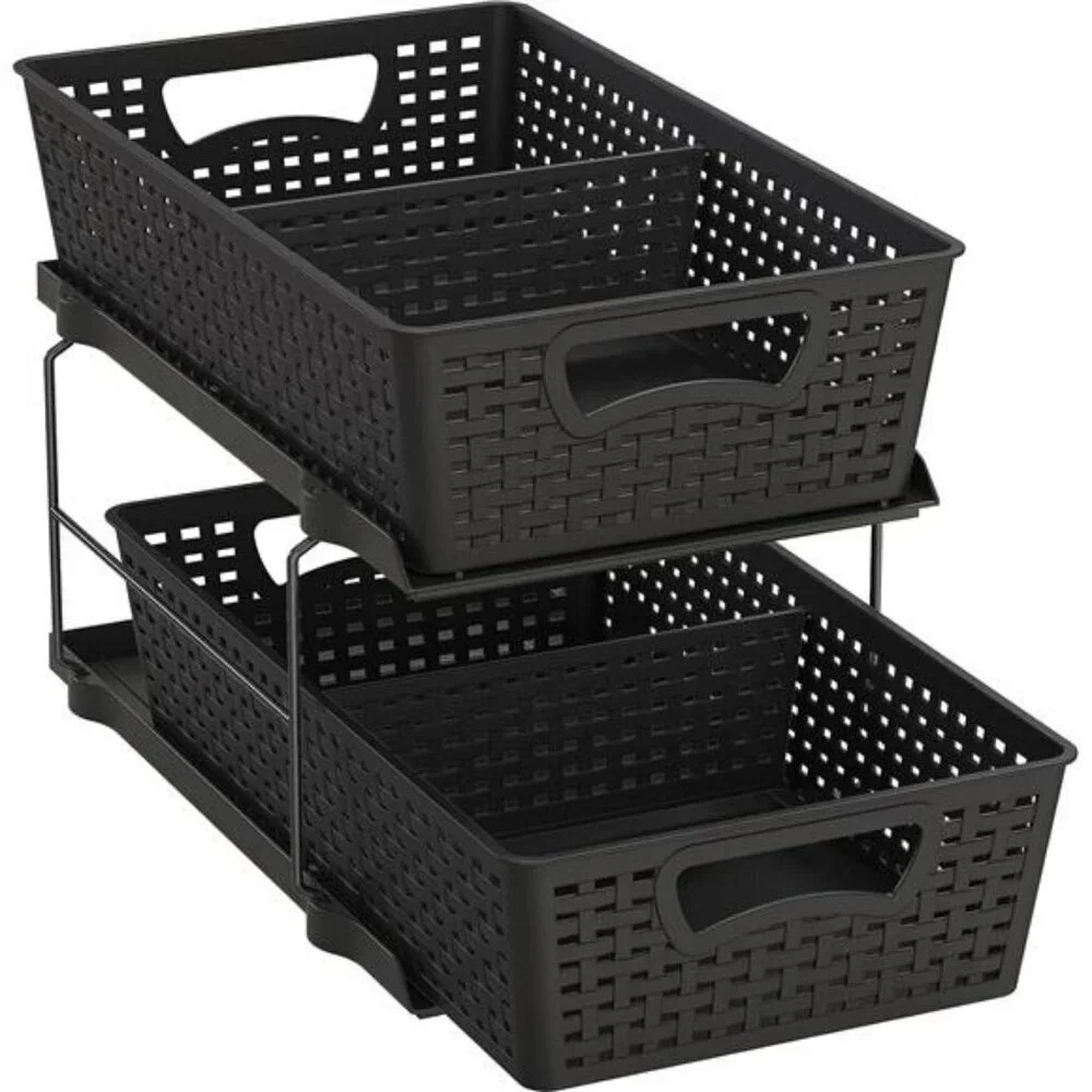 Simple Houseware 2 Tier Bathroom Organizer Tray Pull-Out Sliding Storage Black