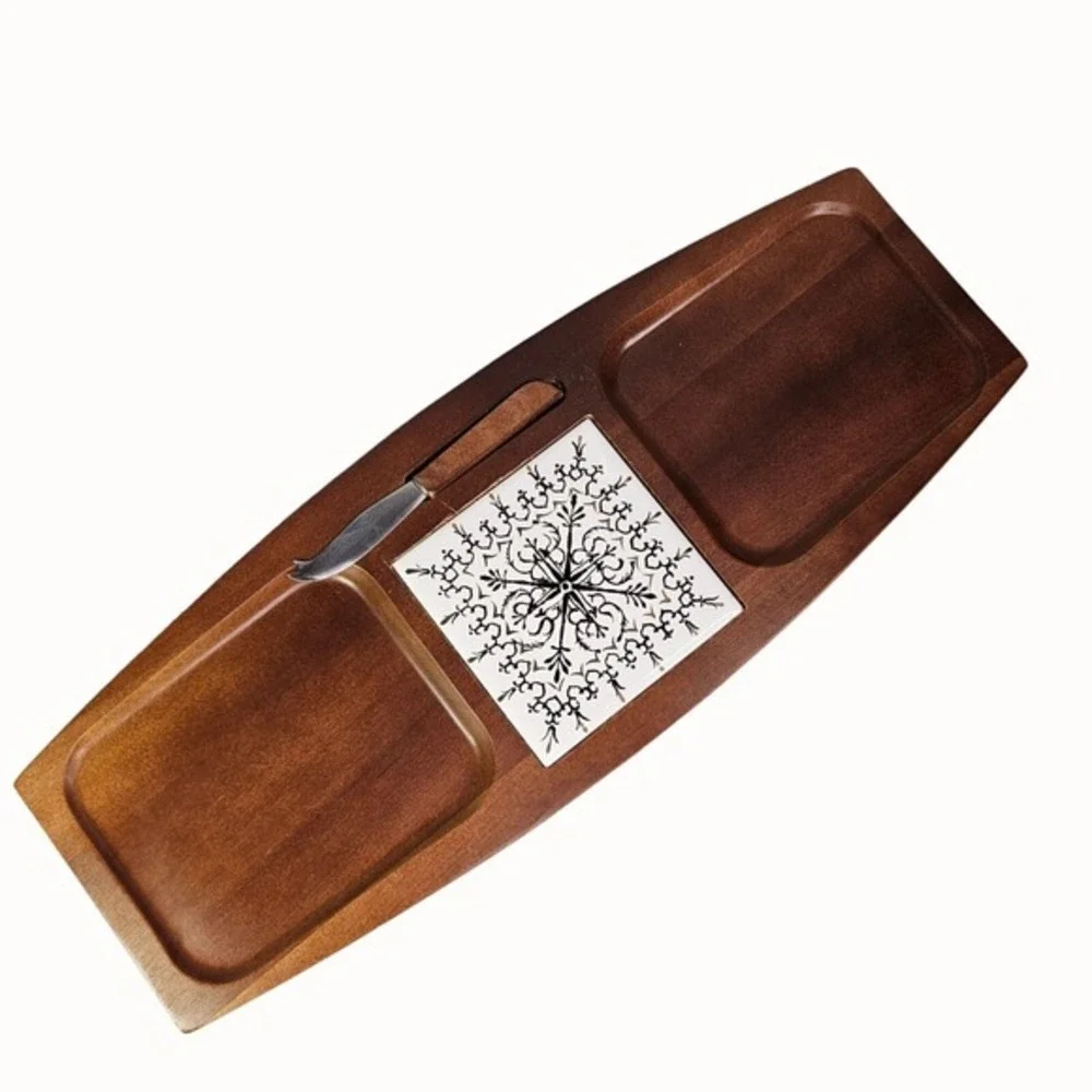 Cheese Board Set With Knife Ceramic Tile MCM Hardwood Japan Mid Century‎ Has Box